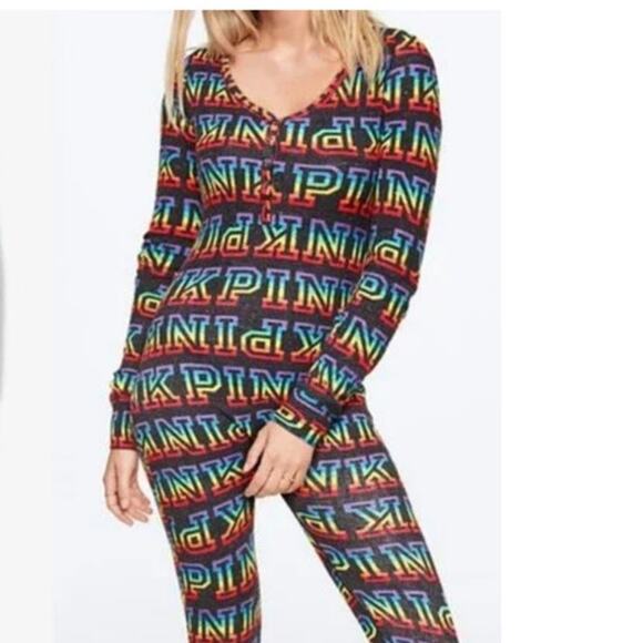 PINK Victoria’s Secret Rainbow Logo Thermal One Piece Pajamas size M - Picture 1 of 8